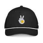 Rope cap, black, front, "Peace & Yolk" embroidery