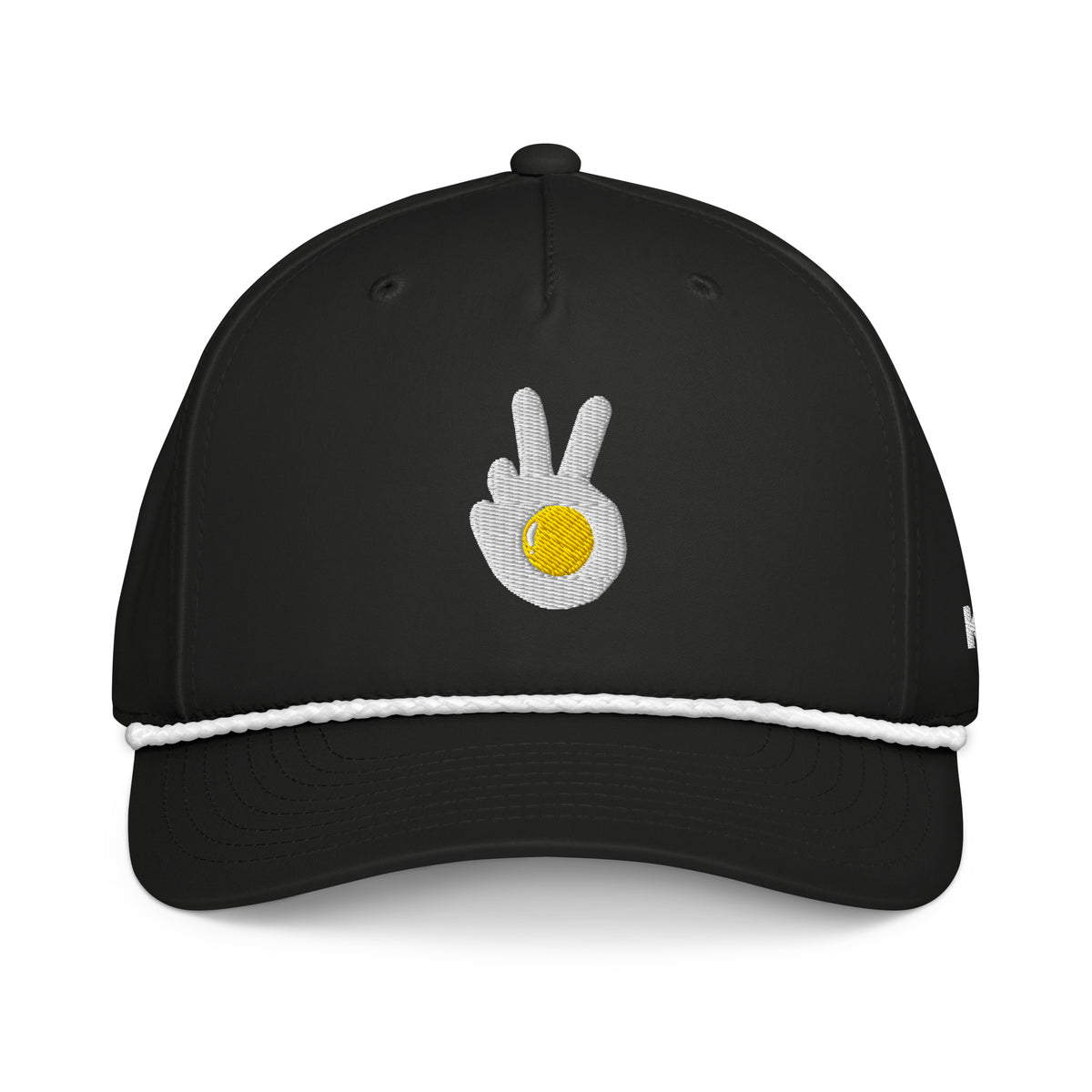 Rope cap, black, front, "Peace & Yolk" embroidery