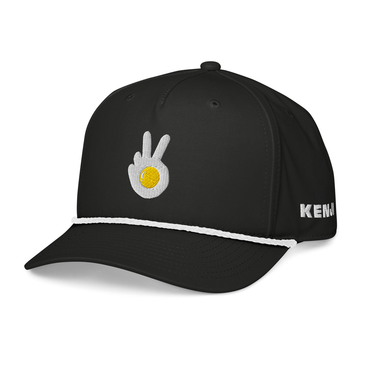 Rope cap, black, front and side, "Peace & Yolk" embroidery on the front, "Kenji" embroidery on the side