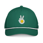 Rope cap, green, front, "Peace & Yolk" embroidery