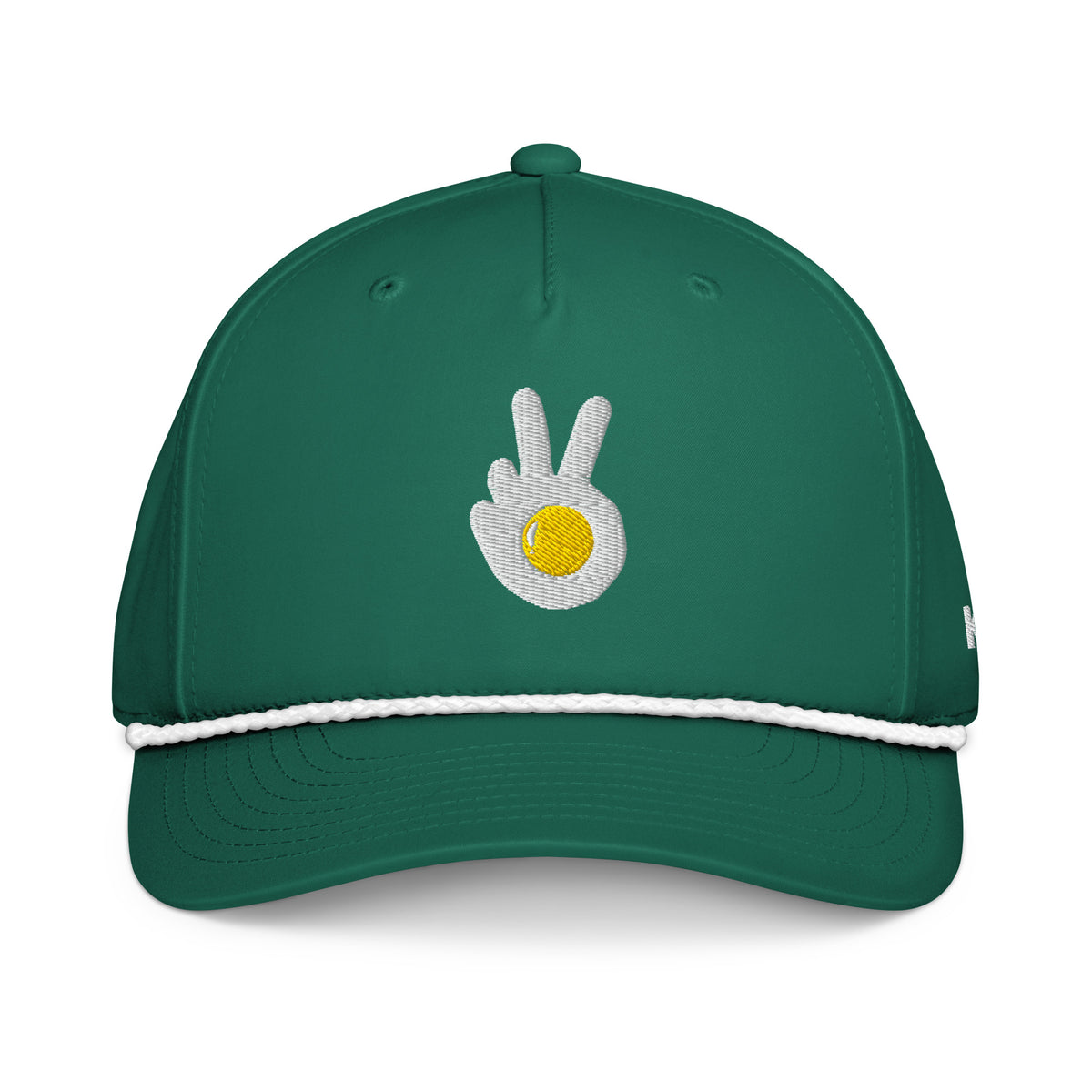 Rope cap, green, front, "Peace & Yolk" embroidery