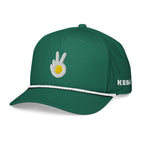 Rope cap, green, front and side, "Peace & Yolk" embroidery on the front, "Kenji" embroidery on the side
