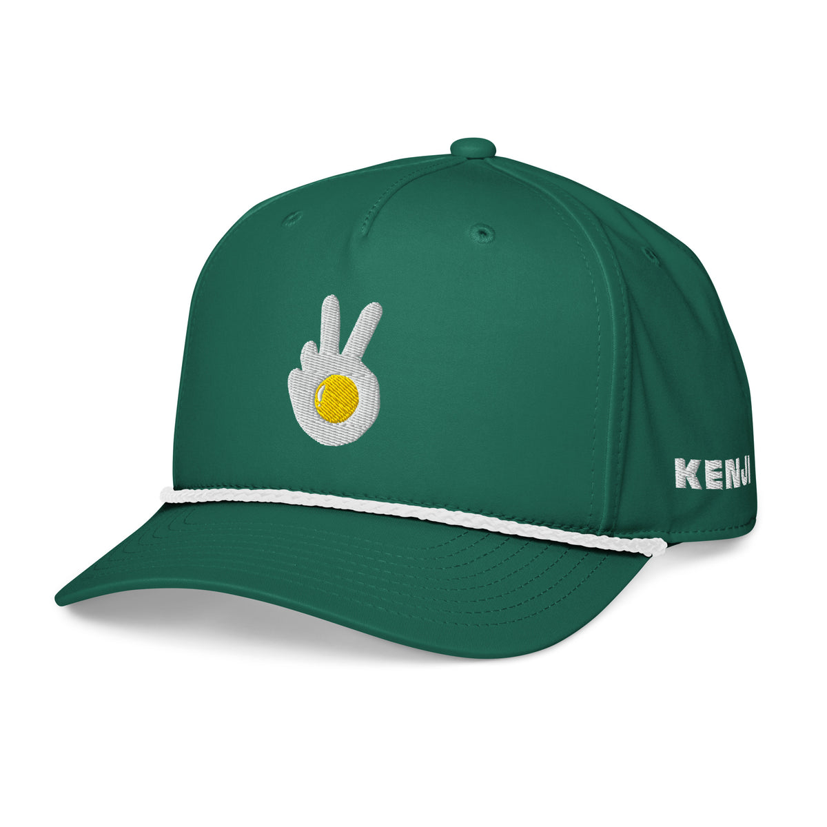 Rope cap, green, front and side, "Peace & Yolk" embroidery on the front, "Kenji" embroidery on the side