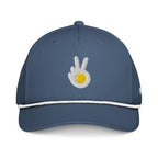 Rope cap, blue, front, "Peace & Yolk" embroidery