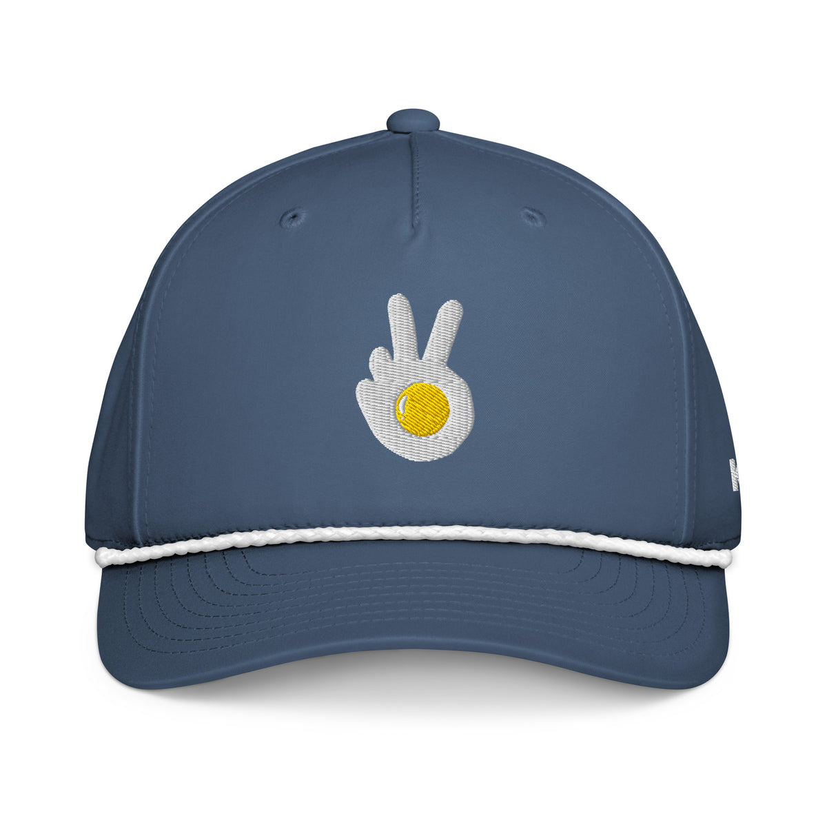 Rope cap, blue, front, "Peace & Yolk" embroidery
