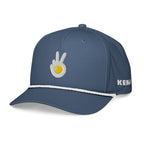 Rope cap, blue, front and side, "Peace & Yolk" embroidery on the front, "Kenji" embroidery on the side
