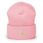 Cuffed beanie, baby pink, front, "Peace & Yolk" embroidery