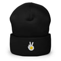 Cuffed beanie, black, front, "Peace & Yolk" embroidery