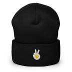 Cuffed beanie, black, front, "Peace & Yolk" embroidery