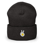 Cuffed beanie, dark grey, front, "Peace & Yolk" embroidery