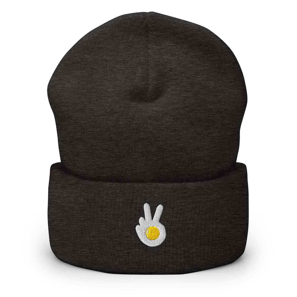Cuffed beanie, dark grey, front, "Peace & Yolk" embroidery