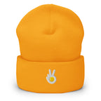 Cuffed beanie, gold, front, "Peace & Yolk" embroidery