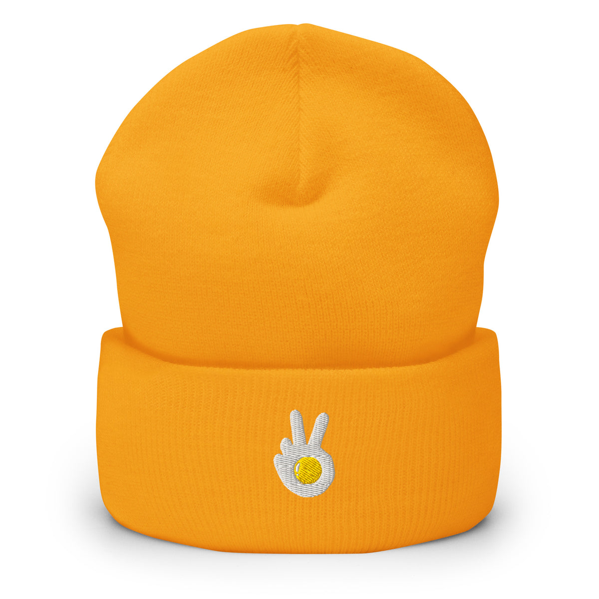 Cuffed beanie, gold, front, "Peace & Yolk" embroidery