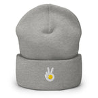 Cuffed beanie, heather grey, front, "Peace & Yolk" embroidery
