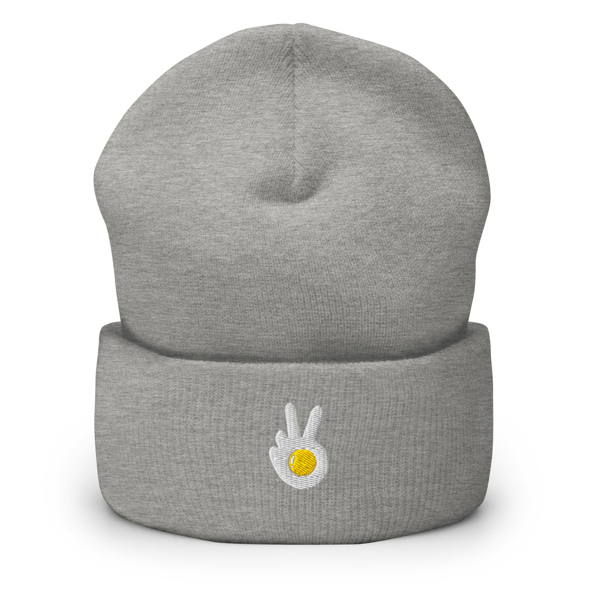 Cuffed beanie, heather grey, front, "Peace & Yolk" embroidery
