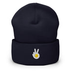 Cuffed beanie, navy, front, "Peace & Yolk" embroidery