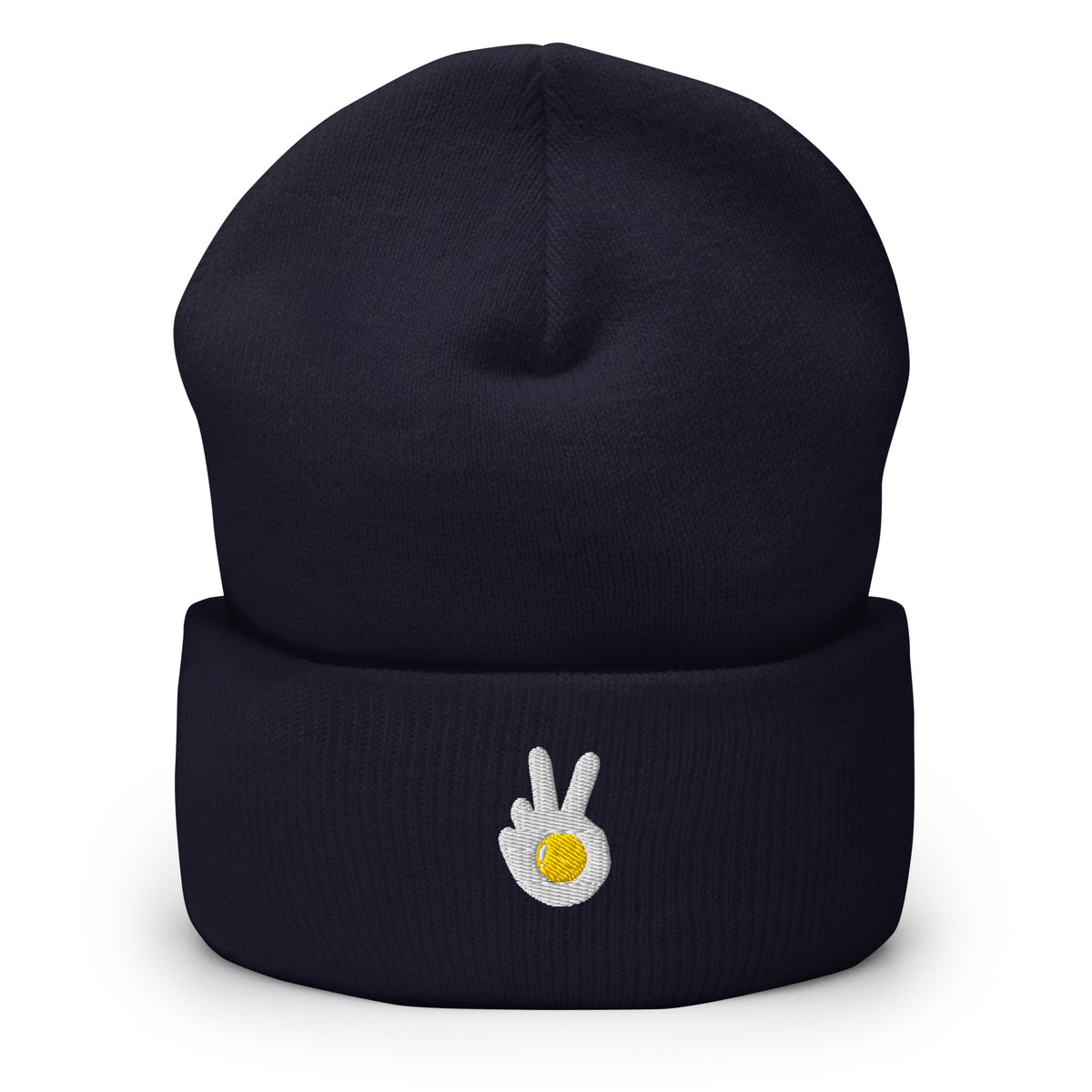 Cuffed beanie, navy, front, "Peace & Yolk" embroidery