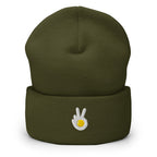 Cuffed beanie, olive, front, "Peace & Yolk" embroidery