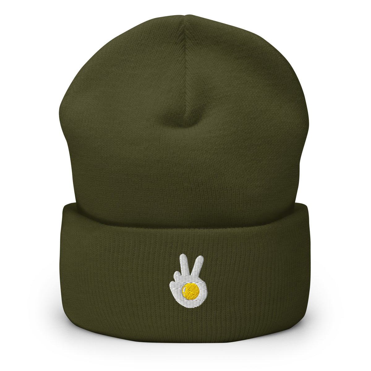 Cuffed beanie, olive, front, "Peace & Yolk" embroidery