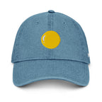 Denim hat, medium blue, front, "Egg Yolk" image embroidery