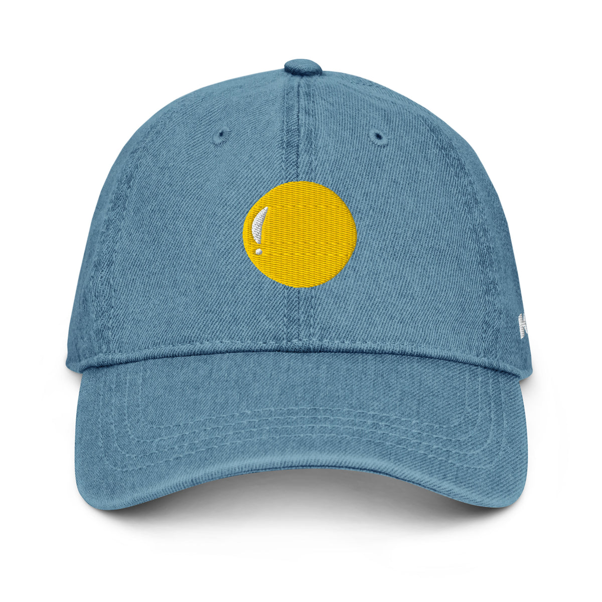 Denim hat, medium blue, front, "Egg Yolk" image embroidery