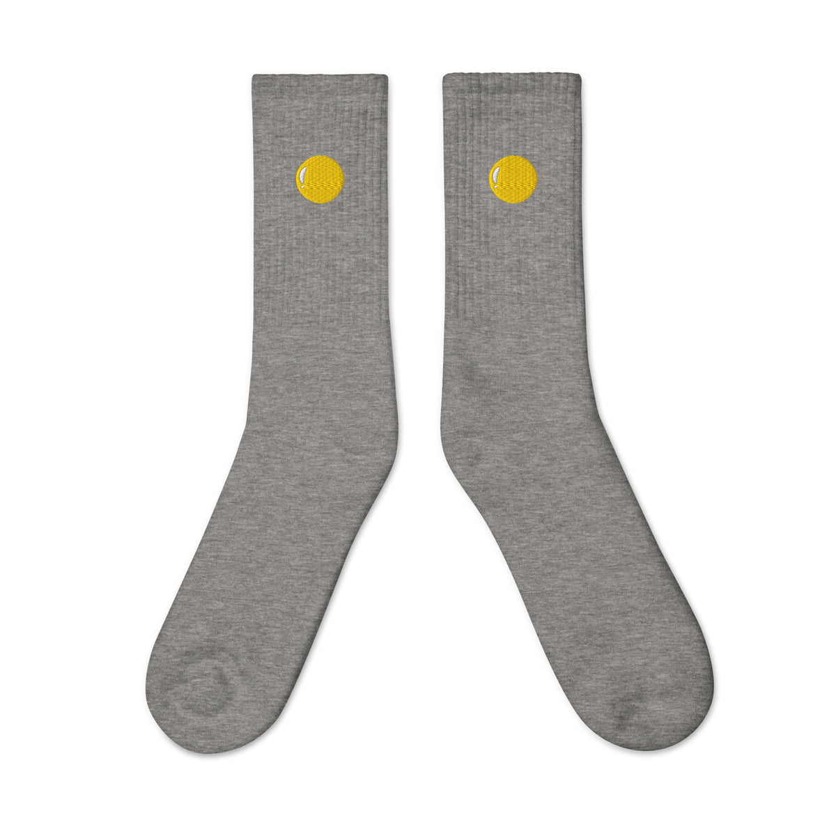 Crew socks, outside view, heather grey, "Egg Yolk" embroidery on both socks