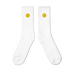Crew socks, outside view, white, "Egg Yolk" embroidery on both socks