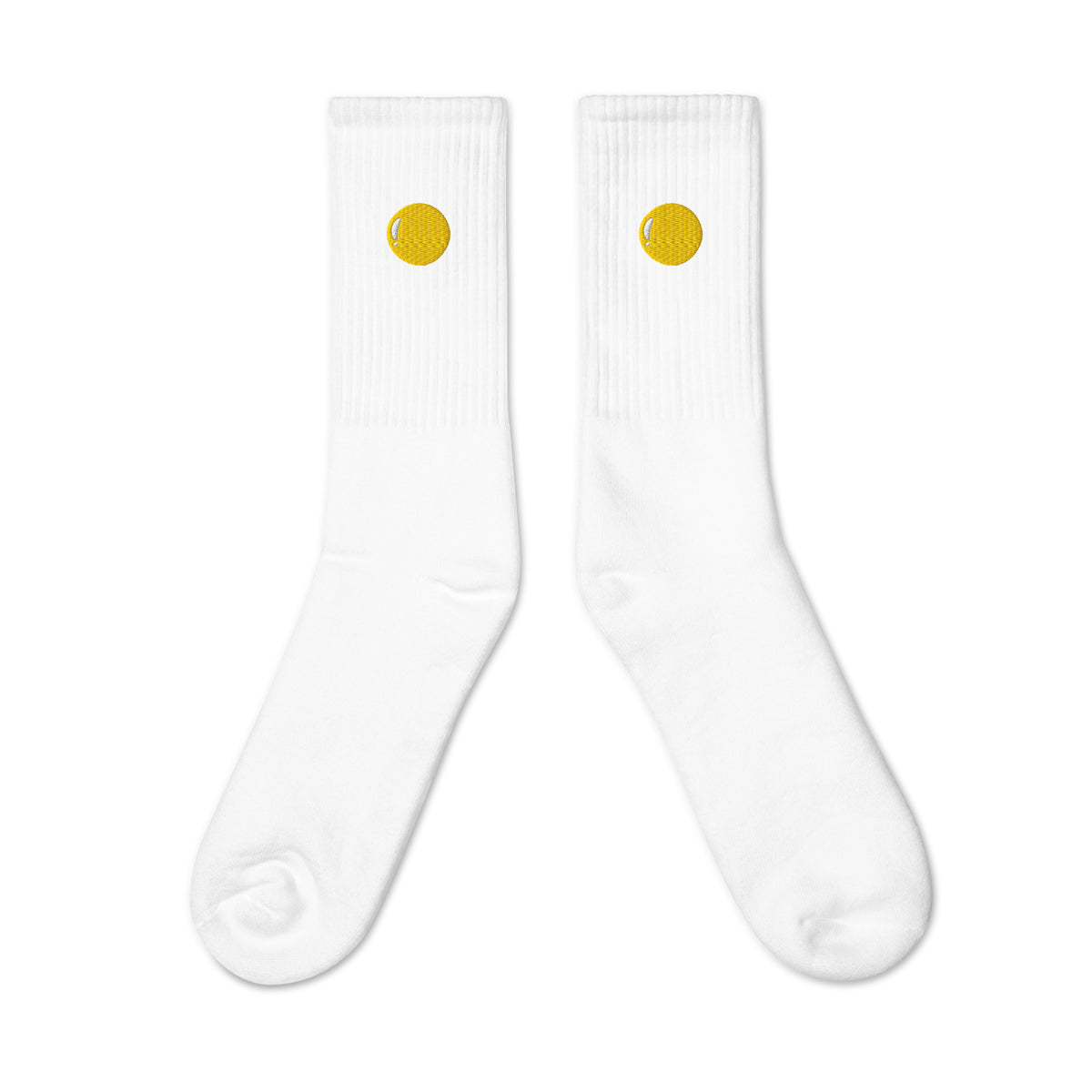 Crew socks, outside view, white, "Egg Yolk" embroidery on both socks