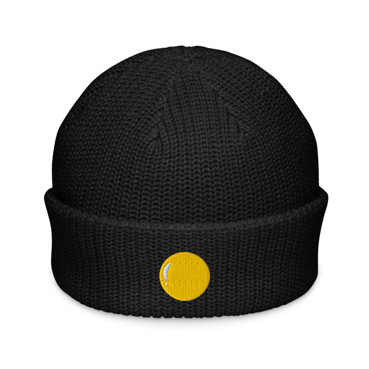 Teenie weenie beanie, black, front, "Egg Yolk" embroidery