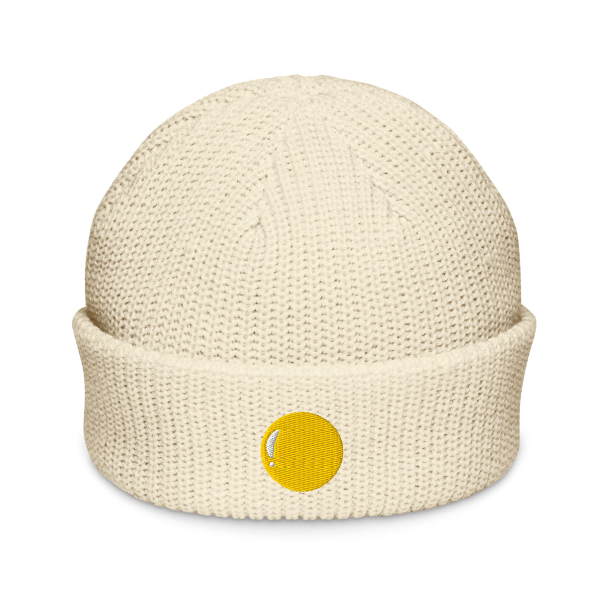 Teenie weenie beanie, ecru, front, "Egg Yolk" embroidery