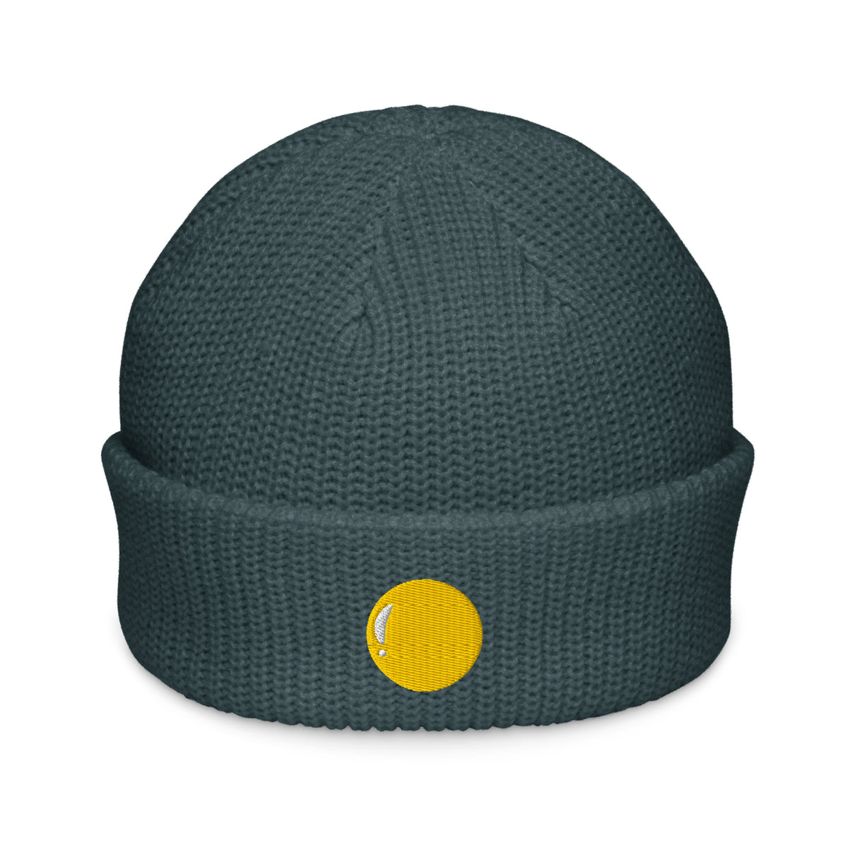 Teenie weenie beanie, petrol blue, front, "Egg Yolk" embroidery