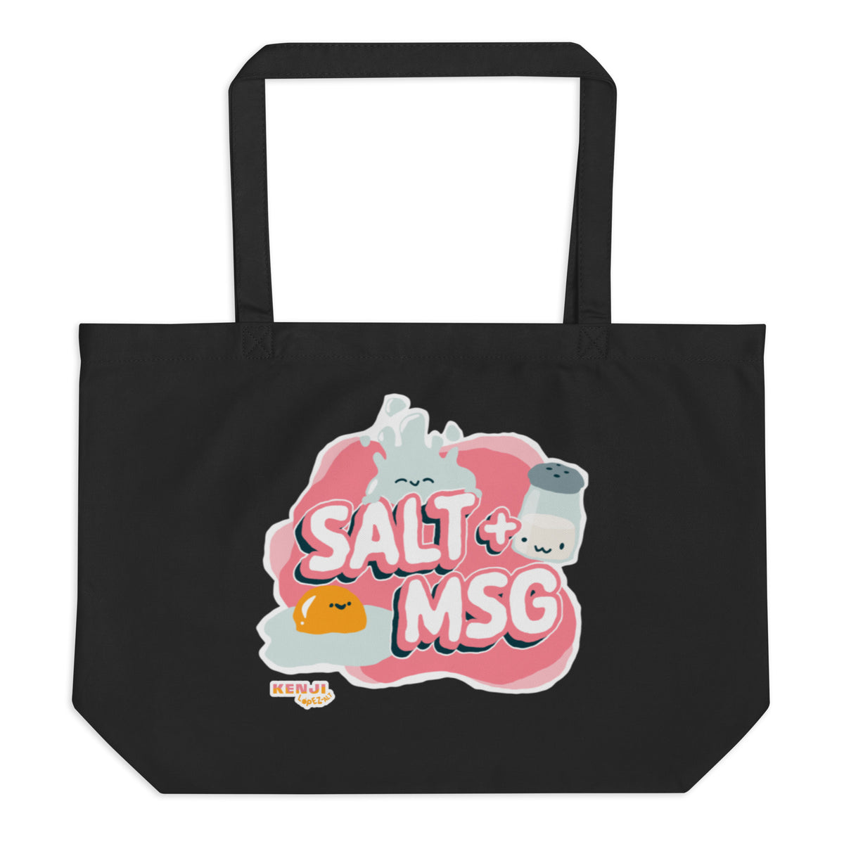 Black tote bag, front, "Salt + MSG" print