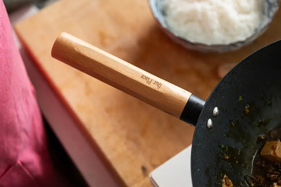 Closeup of Kenji López-Alt's Our Place wok handle