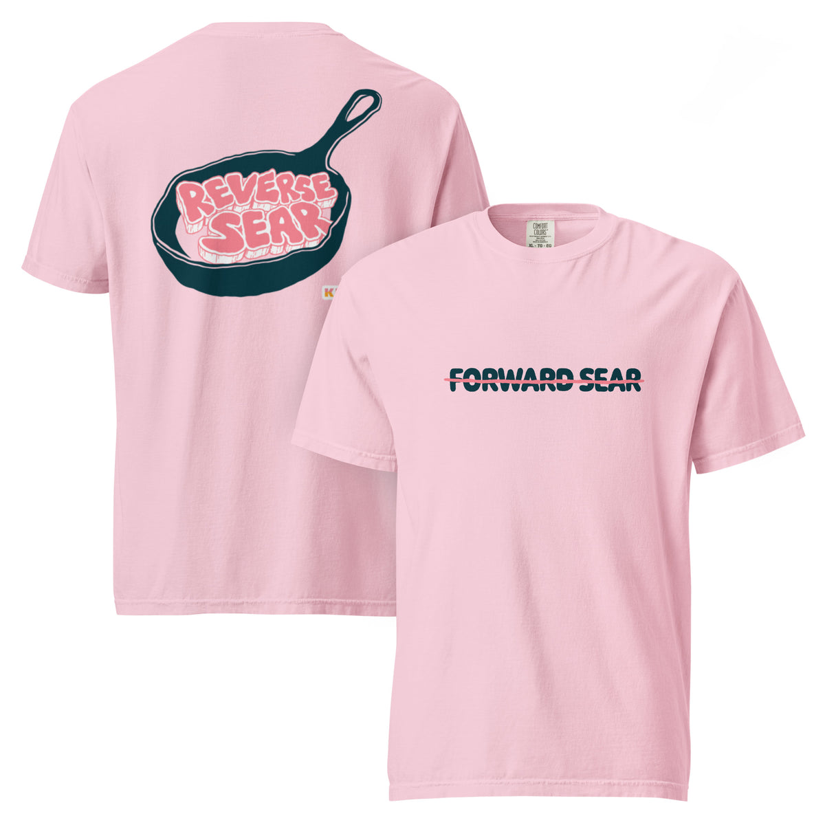 T-shirt, blossom, front and back, "Forward Sear" on the front, "Reverse Sear" on the back