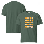 T-shirt, blue spruce, front and back, "Egg Yolk Grid" print on the front, no print on the back