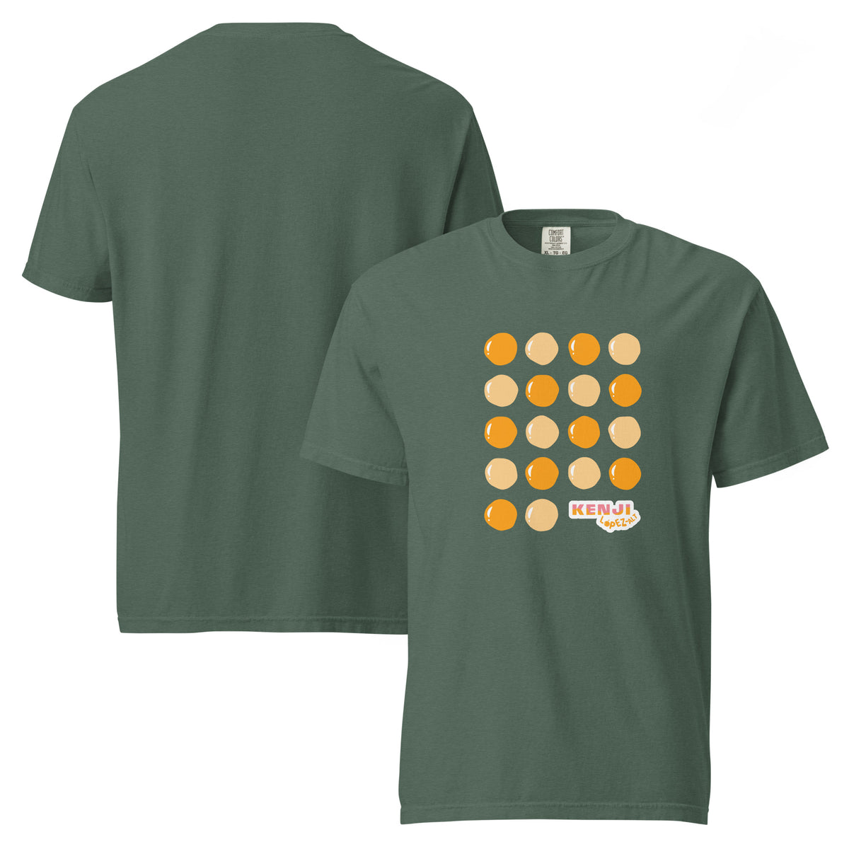 T-shirt, blue spruce, front and back, "Egg Yolk Grid" print on the front, no print on the back