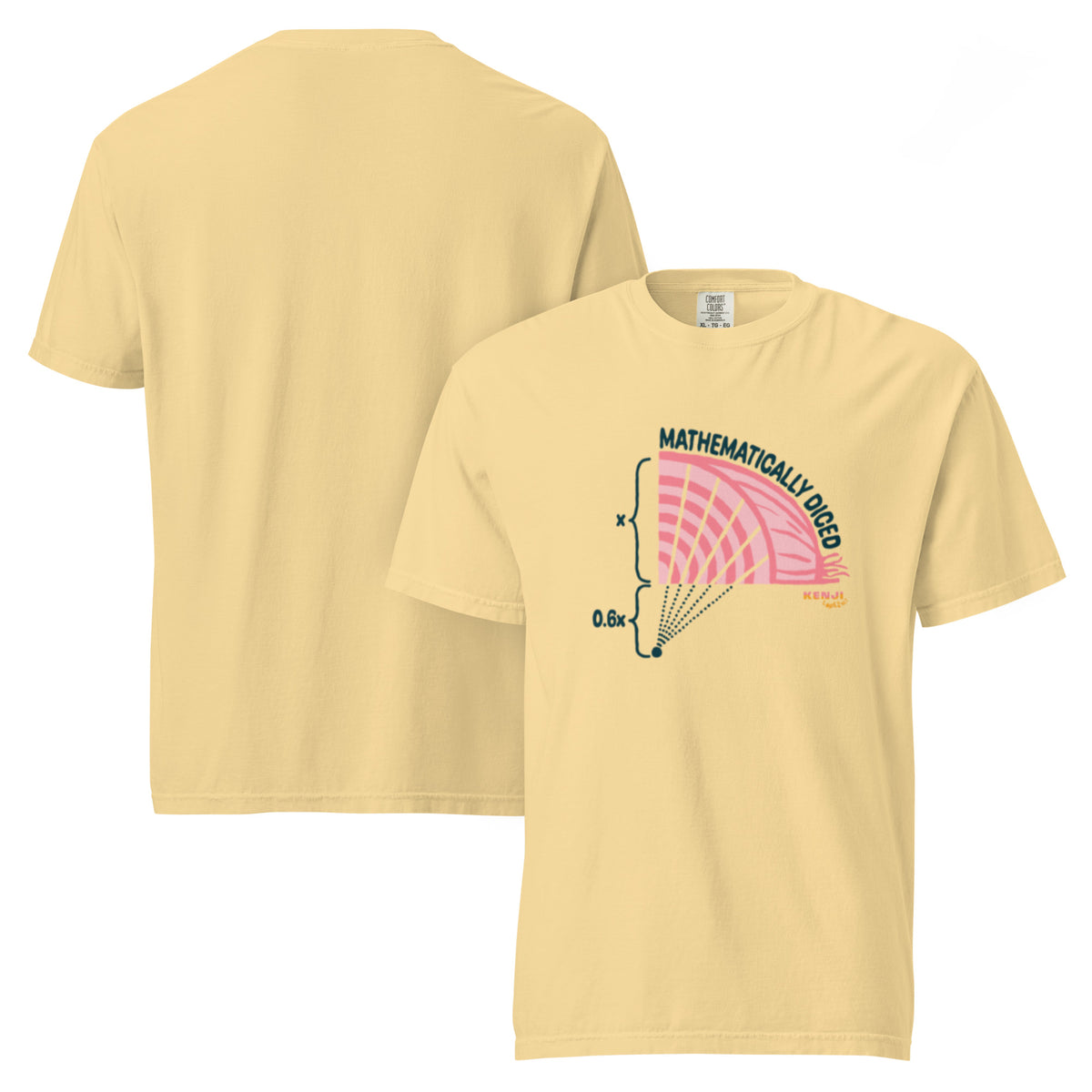 T-shirt, butter, front and back, "Onion Math" print on the front, no print on the back