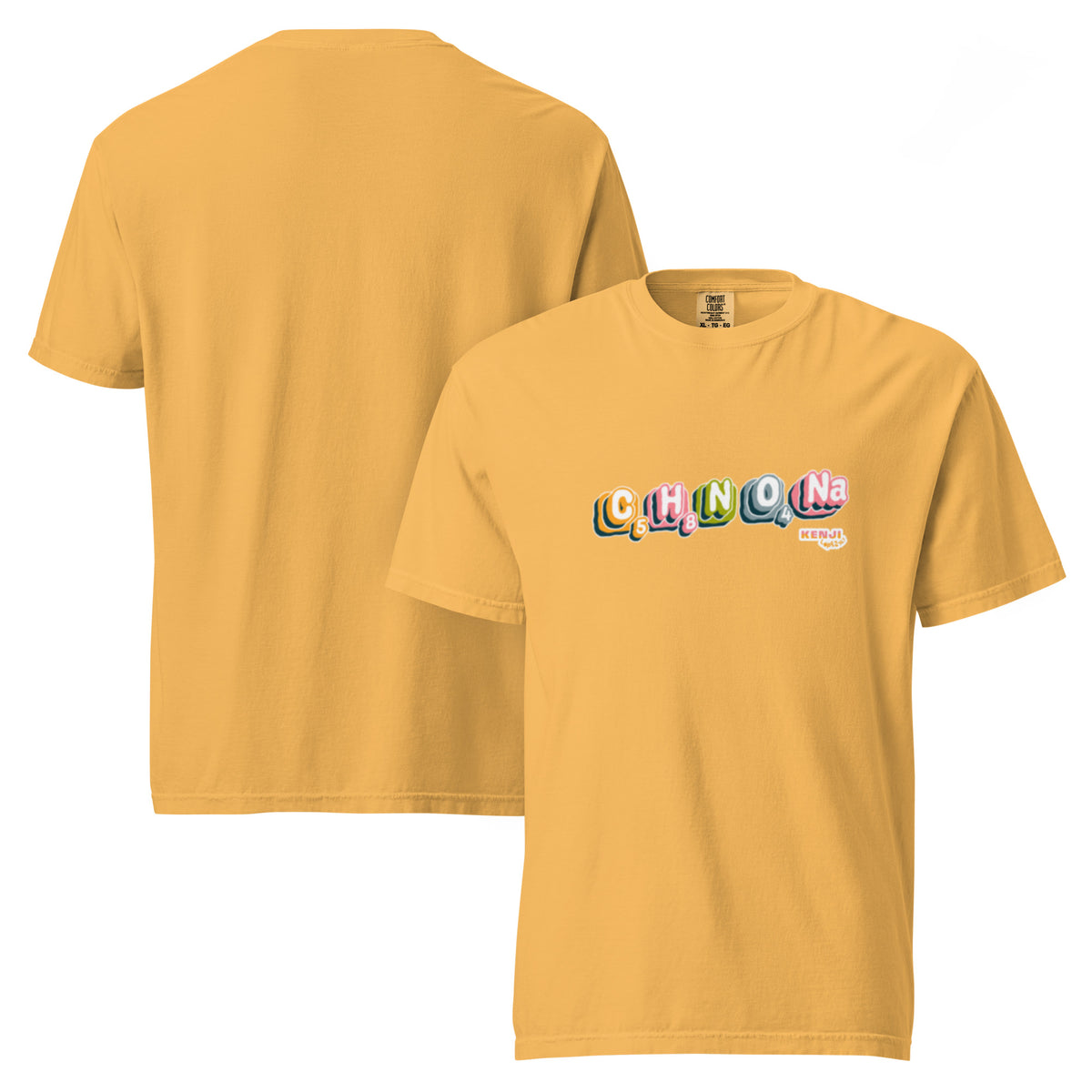 T-shirt, mustard, front and back, "MSG Chemical Compound" print on the front, no print on the back