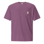 Pocket t-shirt, berry, front, "Peace & Yolk" print on the pocket