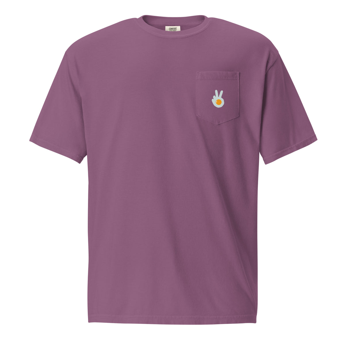 Pocket t-shirt, berry, front, "Peace & Yolk" print on the pocket