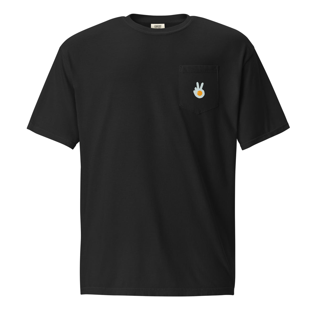 Pocket t-shirt, black, front, "Peace & Yolk" print on the pocket