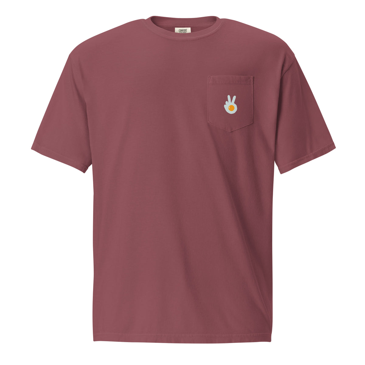Pocket t-shirt, brick, front, "Peace & Yolk" print on the pocket