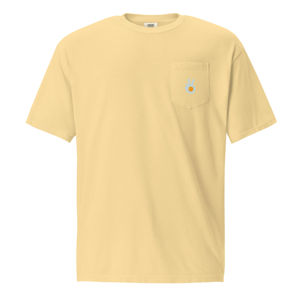 Pocket t-shirt, butter, front, "Peace & Yolk" print on the pocket