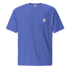 Pocket t-shirt, flo blue, front, "Peace & Yolk" print on the pocket