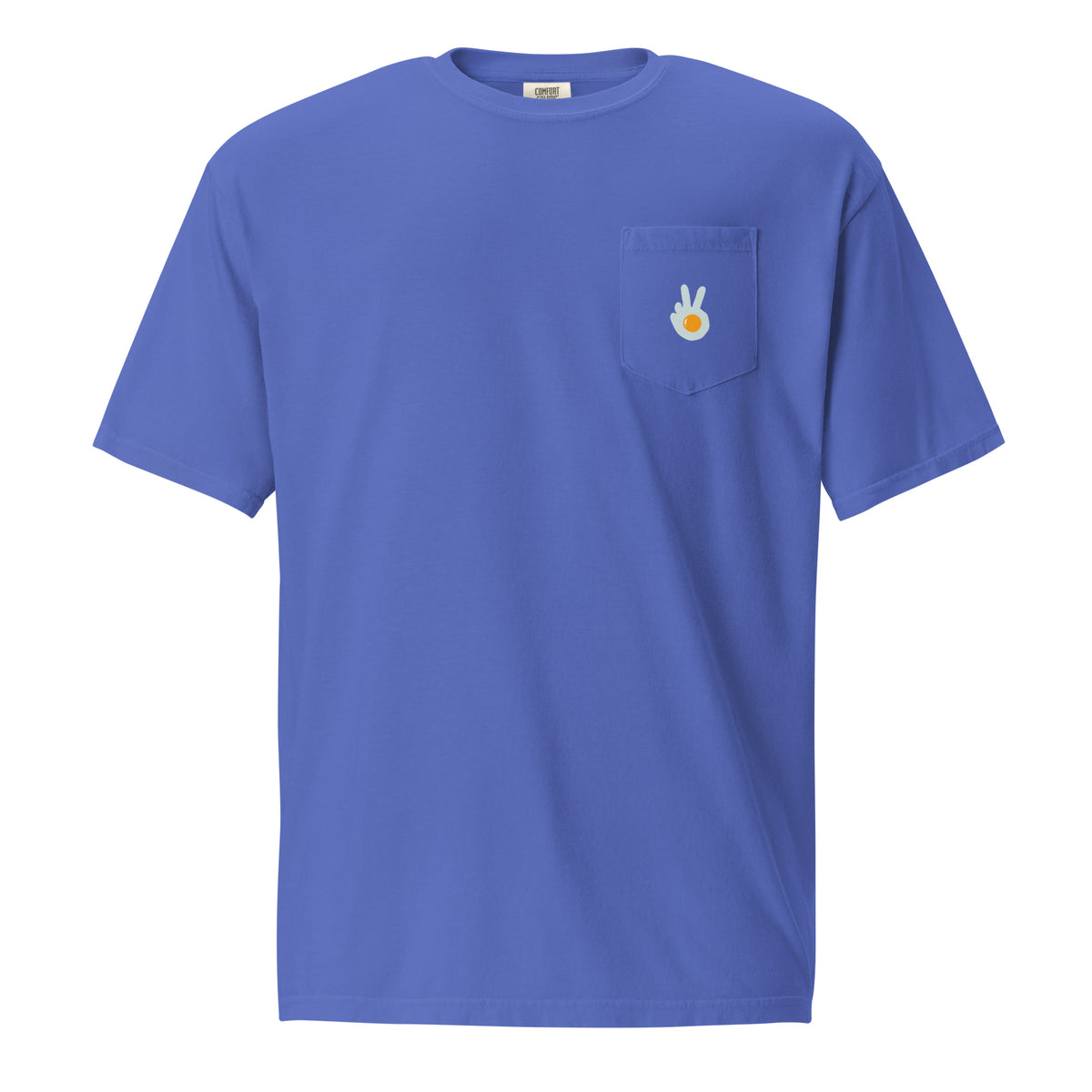 Pocket t-shirt, flo blue, front, "Peace & Yolk" print on the pocket
