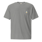 Pocket t-shirt, grey, front, "Peace & Yolk" print on the pocket