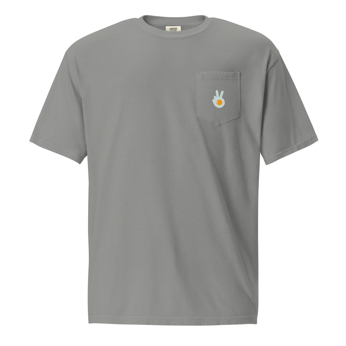 Pocket t-shirt, grey, front, "Peace & Yolk" print on the pocket