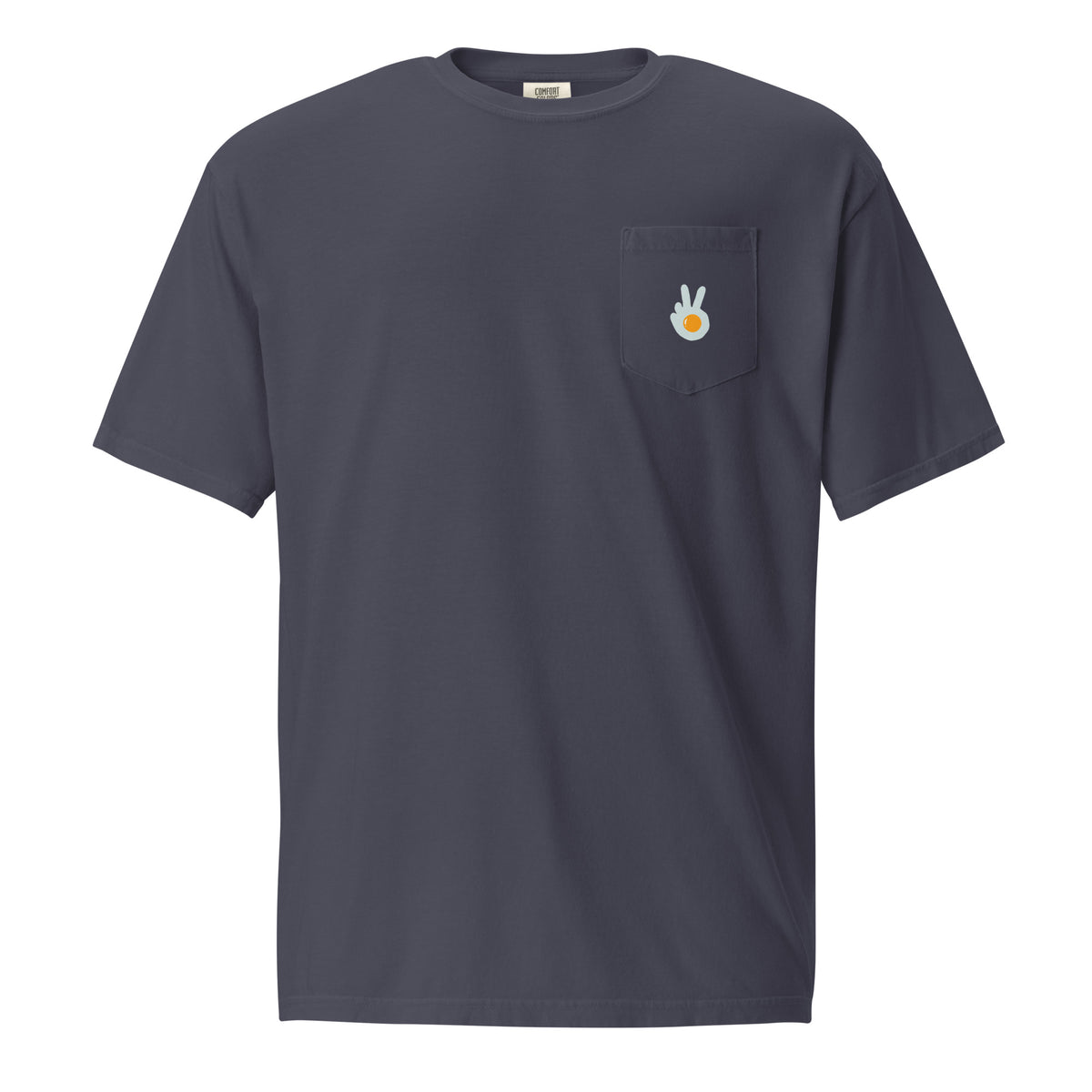 Pocket t-shirt, true navy, front, "Peace & Yolk" print on the pocket