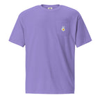 Pocket t-shirt, violet, front, "Peace & Yolk" print on the pocket