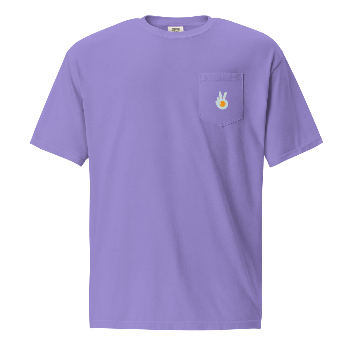 Pocket t-shirt, violet, front, "Peace & Yolk" print on the pocket